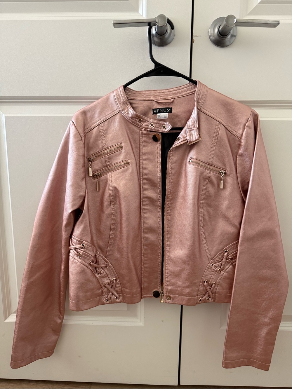 VENUS Rose Pink Faux Leather Moto Jacket with Lace-Up Sides